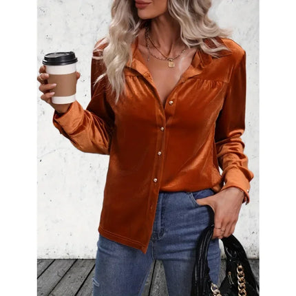 Plus Size 1XL-5XL Women Autumn Fashion Top Blouse Velvet Long Sleeve Solid Elegant Shirt Button Pocket Womens Long Sleeves