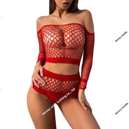 Sexy Hot Open-Back Long Sleeve Bikini Set Two-Piece Fashionable Underwear Bras with Hollow Out Fishnet Design Not Suitable for P