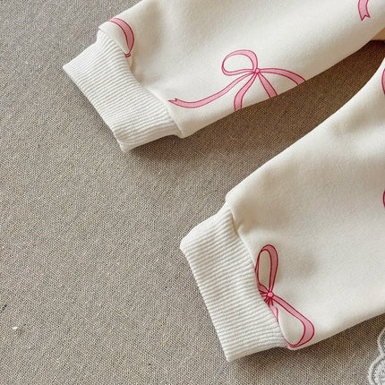 2PCS Spring Autumn New Comfortable Sweet Cute Bow Print Long Sleeves O-neck Pullover+Pant Baby Clothes for Newborn