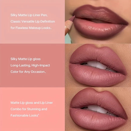 Lip Liner Pencil and Lip Gloss Combo, Velvet Finish Nude Lip Color, Waterproof Non Transfer Non Stick Cup, Long Wear Moisturizin