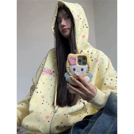 2025 Spring And Autumn New Plus Size Thin Full Stars Print Hooded Coat Collection Casual Fashion Trends Versatile Lazy Wind