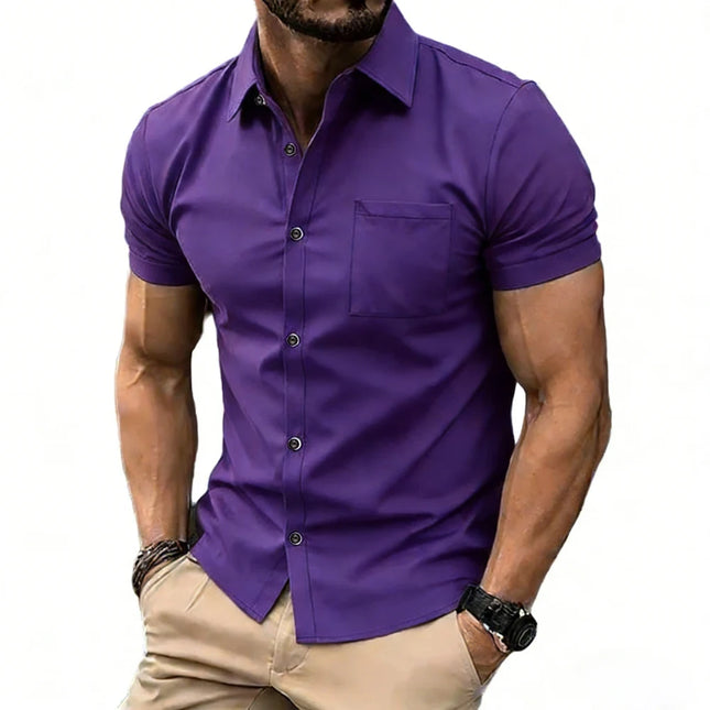 2026 Men's Simple Business Short-Sleeve Shirt Black White Gray Pure Color Colored Shirt Hawaiian Outdoor Social Designer Shirt