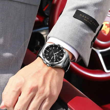 POEDAGAR Trendy Sport Men's Wristwatch Waterproof Luminous Date Week Business Fashion Men's Quartz Watches Leather Men's Watch Reloj