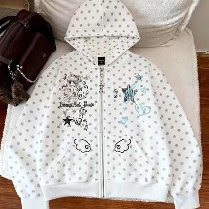 Japanese Sweet Hoodies Long Sleeve Pockets Cartoon Print Polka Dot Loose Sweatshirts Y2k Aesthetics Cute Tops Women's Clothing
