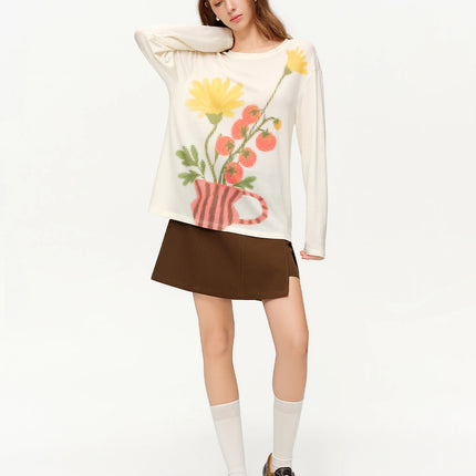 DUSHU Women Floral Art Retro Print Knit T-Shirt 2026 Spring New Arrival Floral Design Loose Casual Slim-Fitting Top Long Sleeve