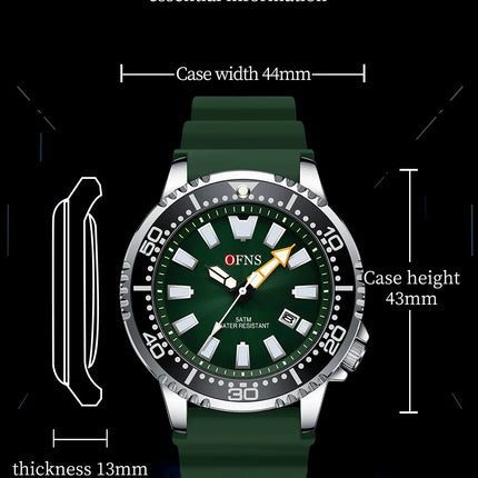 OFNS High Quality Fashion Men's Quartz Watch Calendar Luminous Display 50M Waterproof Luxury Watches Rubber Strap Men's Watch