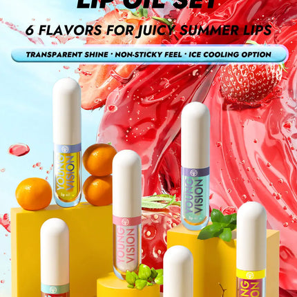 YOUNG VISION 6-Color Refreshing Fruit Flavored Moisturizing Lip Oil Set Colorful, Hydrating, and Moisturizing Lip Gloss