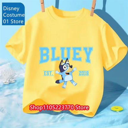 Bluey Themed Kids T-Shirt Boys Girls Autumn Winter Cartoon Graphic Short Sleeve Tee Daily Wear Top