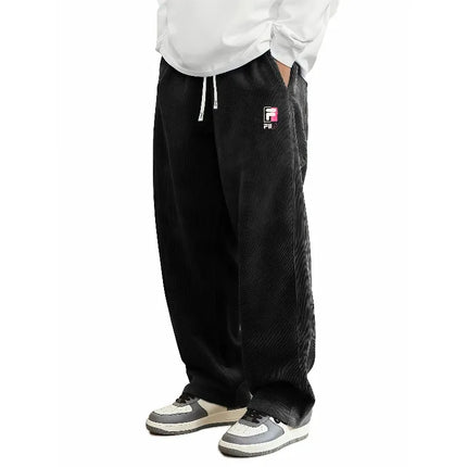 Hot Trendy Male Corduroy Straight Loose Pants Retro FILA Graphic Elastic Drawstring Casual Trousers Two Side Pockets  S-4XL