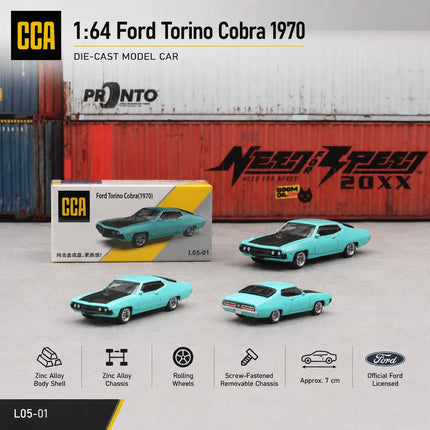 CCA 1:64 Ford Torino Cobra Sedan Miniature Model MSZ 3" Alloy Toy Car Vehicle Free Wheels Diecast Collection Gift for Boyfriend