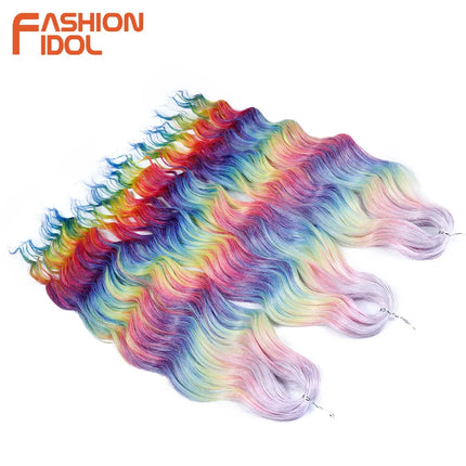 FASHION IDOL 24" 3pcs Deep Wave Curl Hair Synthetic Water Wave Braiding Hair Extensions Ombre Rainbow color Twist Crochet Hair