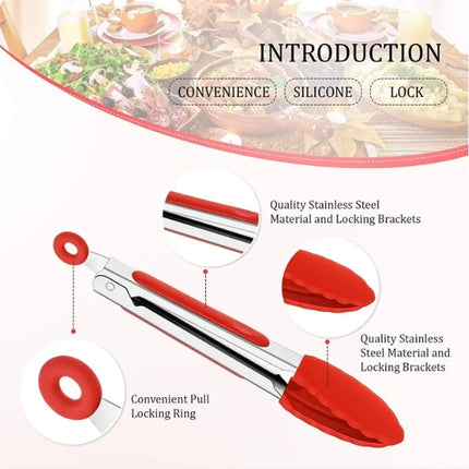 9-inch silicone food tongs Kitchen Grill stainless steel food grade silicone tip non-slip food tongs for BBQ salad breads
