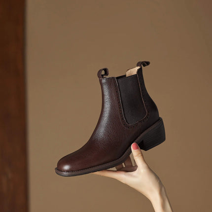 Krazing Pot Big Size 34-43 Cow Leather Round Toe High Heels Retro Modern Chelsea Boots Warm Winter Shoes Motorcycles Ankle Boots