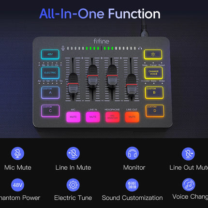 FIFINE Gaming Audio Mixer,Streaming 4-Channel RGB Mixer with XLR Microphone Interface,for Game Voice,Podcast,AmpliGame SC3