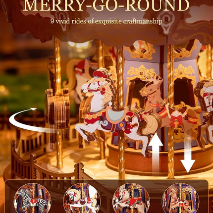 Robotime 3D Wooden Puzzle Carousel Music Box With LED Lights Gear Model Building Construction Craft Kits Xmas Gifts for Adult