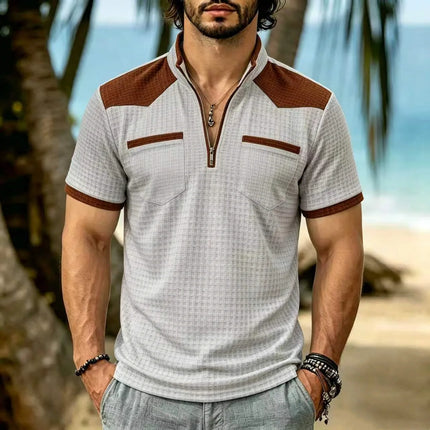 2026 New Men's Short Sleeve T Shirt Grid lapel Polo Shirt with Pockets Breathable Loose Basic Shirts for Men Lightweight Tops