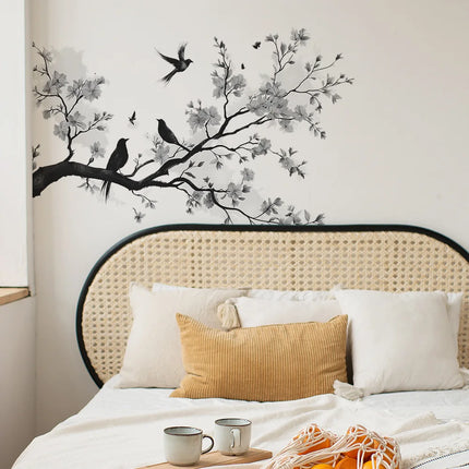 Black White Flowers Wall Stickers Branch Bird for Blossom Wall Sticker Home Decoration Girls Living Room Bedroom Wall Decal