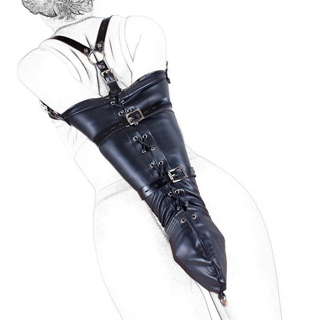 BDSM Binding Arm Binder, Behind Back Straitjacket, Leather Armbinder Bondage Slave Lockable Glove Handcuff with Shoulder Straps