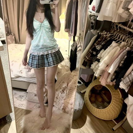 Mint Polka Dot V-Neck Strap Top Vintage Early Summer Cool Sweet Slim Fit Women's Outerwear Casual Summer Top