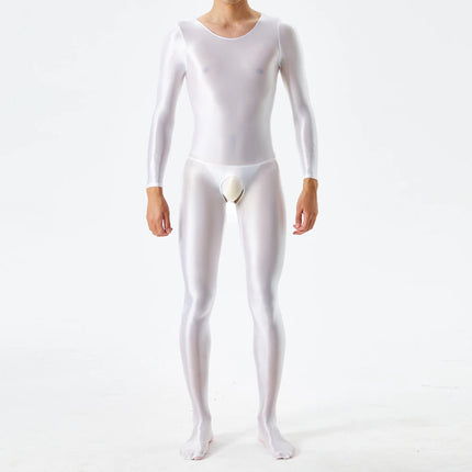 1pc Men Sexy Glossy Bodystocking Long Sleeve Body Jumpsuits Crotchless Bodysuit Ultra-thin Sheer Oily Shiny Underwear