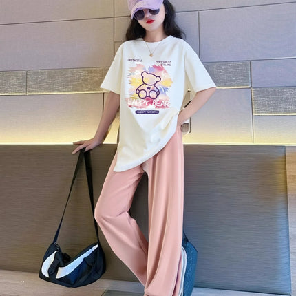 2026 summer girls Clothes Children set Sports Suit Teen tracksuit bear loose t shirt tops + wide long pants 10 11 12 14 years