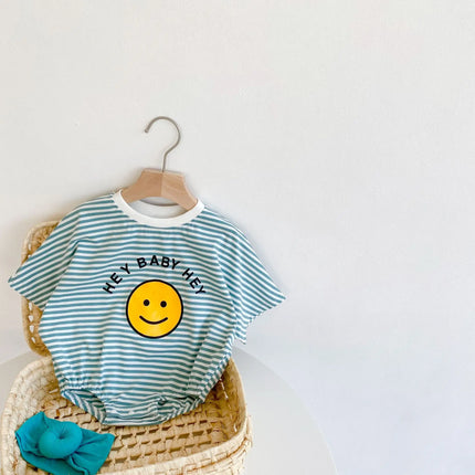 Summer style baby girl jumpsuit with cotton short sleeves, smiley face printed stripes, and a climbing suit