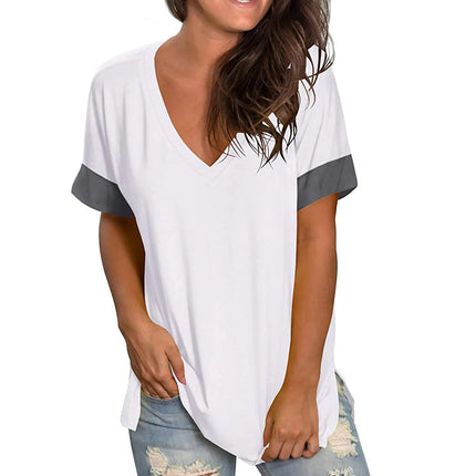 2024 Europe and the United States Spring and Summer Cross-Border New Women's Basic Solid Color V-Neck Short-Sleeve Stitching