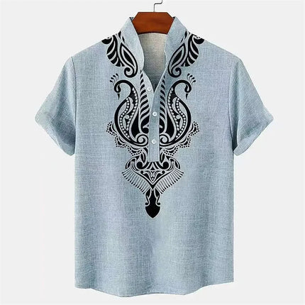 Men's shirt ethnic style 3D printing henley shirt, men's fashion button down collar short sleeve, high quality men's tops