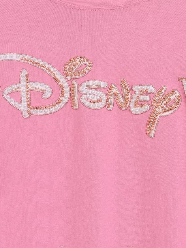 Disney World Letter Cartoon Print Embroidery Flares Pearl Pink Sweatshirt Sweet Women Long Sleeve Loose Jumper Tops Female