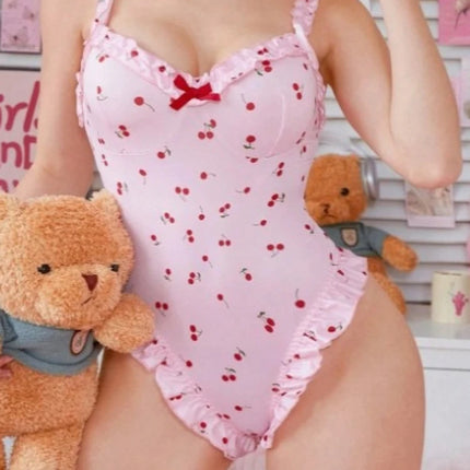 Foamlina Cute Pink Cherry Print Backless Teddy Lingerie for Women Sweet Bow Ruched Trim Spaghetti Strap Bodysuit for Nightwear
