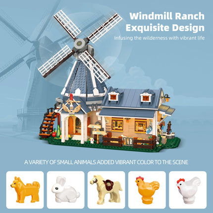 Creative Windmill Ranch Building Blocks Farm House Model with Rotating Blades Animal Figures DIY Toy Gift for Kids Adults