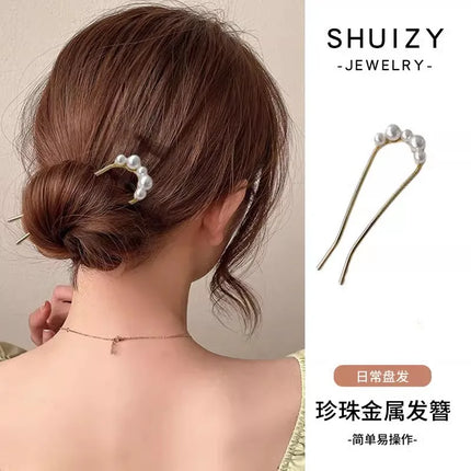 Hair Stick Alloy Bun Maker for Thick Hair Women 4-Prong U-Shape Quick Updo Tool Non-Slip Vintage Hairpin Boho Bridal Accessories