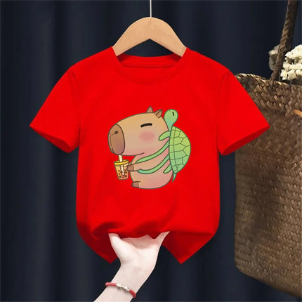 Funny T-Shirt Capybara With Turtle Loves Bubble Milk Tea Printed T-Shirt Girls/Boys Kawaii Kids Clothes Harajuku Shirt Tops