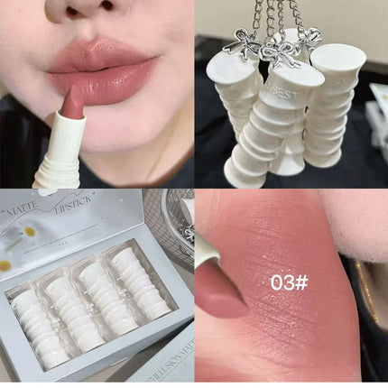 QIBEST New Exquisite Symphony Matte Lipstick Matte Soft Mist Korean Cosmetics Light Color Colorful Lasting Shiny Lipstick Makeup