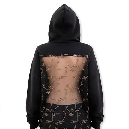 Y2K Hot Asweet Sexy Embroidered Floral Mesh Backless Hoodie Womens Black Semi Transparent Oversized Pullover Fashion Casual Tops