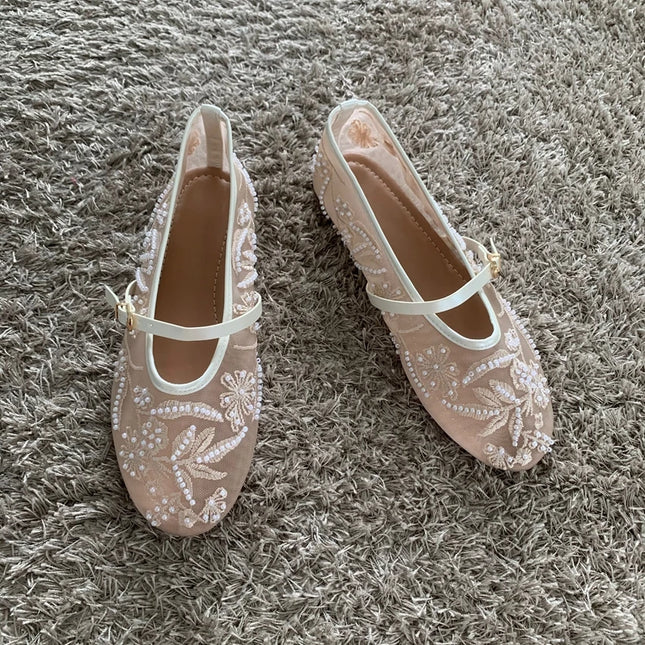 Mesh Embroidery String Bead Design Women Ballet Flats Fashion Buckle Breathable Mary Jane Shoe Comfort Low Heel Soft Flat Sandal