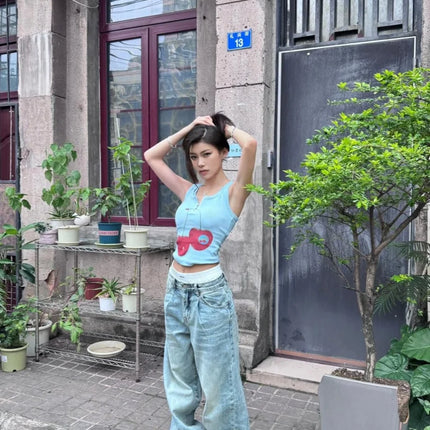 Blue Cherry Print Crop Top Women's Summer Slim Fit High Street Short Zipper Trendy Strap Vest Sweet Style 8-24 Years Old