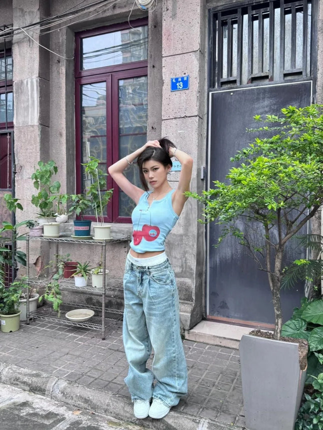 Blue Cherry Print Crop Top Women's Summer Slim Fit High Street ort Zipper Trendy Strap Vest Sweet Sle 8-24 Years Old