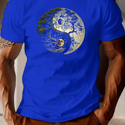 Men's summer 100% pure cotton fashionable casual loose sports yin-yang tree pattern print round neck short-sleeved T-shirt top