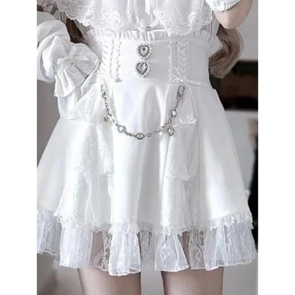 Japanese Gothic Lolita Style Shirts Women Vintage Sweet Y2k Lace Ruffles Short Sleeve Plaid Blouse Girls Casual Tops