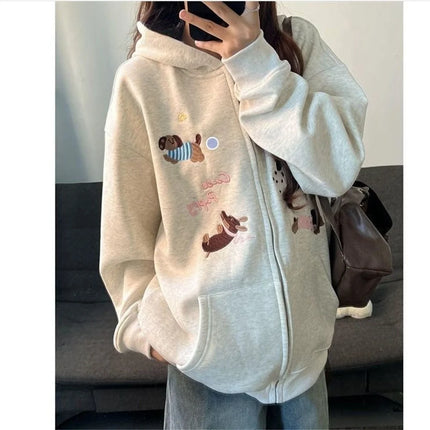 Classics Sweet Cute Gentle Cartoon New Puppy Embroidery Zip Up Hoodie Women Jacket Lined Loose Casual Sweatshirt for Women