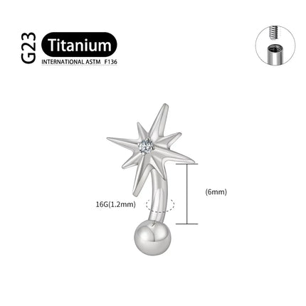 ASTM F136 Titanium 16G CZ North Star Rook Earring 6mm 8mm 10mm 12mm Curved Barbell Eyebrow Cartilage Tragus Labret Piercing