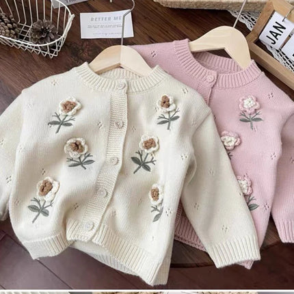 Infant Girl Knitting Cardigan Toddler Baby Girls Sweater Coat Autumn Hand Hook Three-Dimensional Flower Sweater Knitted Cardigan
