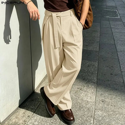 INCERUN Men's Pants Solid Color Lace Up Joggers Loose Casual Men Bottoms Streetwear 2026 Fashion Leisure Wide Leg Pants For Man