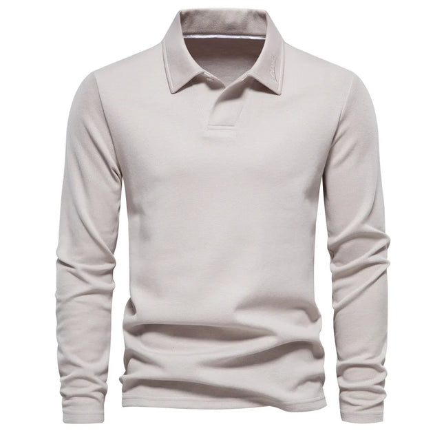 New men's long-sleeve cotton polo, embroidered, sport collar, trendy & versatile.