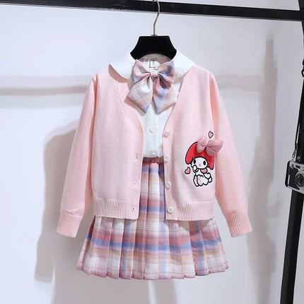 New Sanrio Cute Kuromi My Melody Cardigan Jacket Long Sleeve Shirt Pleated Skirt Preppy Style Jacket Three Piece Set Wholesale