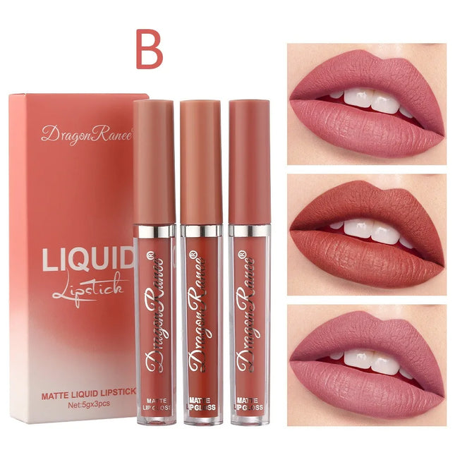 3Pcs/box Liquid Lipstick Set Matte Velvet Lip Gloss Set  Waterproof Liquid Lipstick Lip Non Stick Cup Lip Gloss Makeup