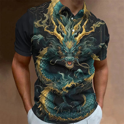 Dragon Pattern Polo Shirt For Men Animal 3D Printed T-Shirts Outdoor Fashion Casual Loose Oversized Street Lapel Top Button Tees