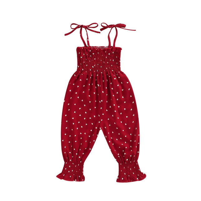 Toddler Baby Girl Sling Jumpsuit, Heart/Leopard Printed Pleated Tie-Up Simple Style Overalls, Casual Sweet Romper 6M-4T