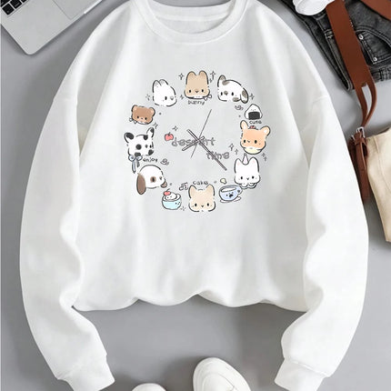Dessert Time Creative Animals Clock Design Printed Sweatshirts Woman Top O-Neck Fleece Streetwear Soft Autumn Women's Clothing